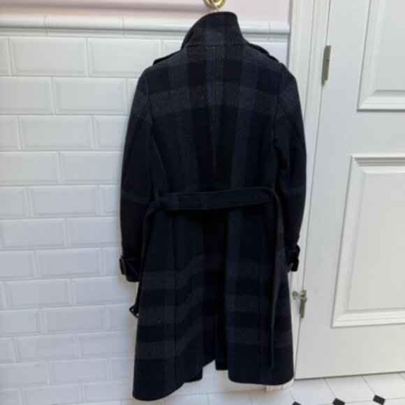 Burberry Long Wool Coat Black Navy Gray Belted Stand Collar Size 4 - Picture 3 of 8